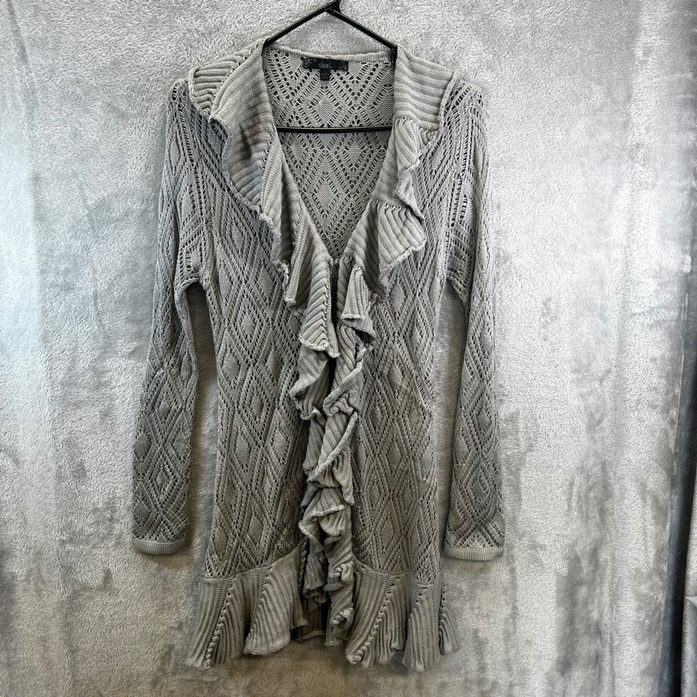 Womens L Gray Ruffle Front‎ Open Knit Diamond Crochet Cardigan Cottagecore